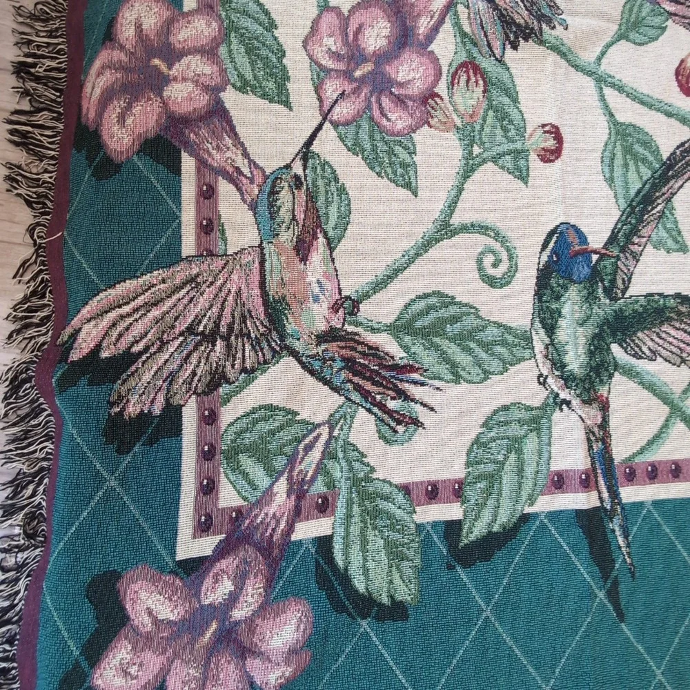 Dan Gilbert Hummingbird Tapestry Throw Blanket Teal Floral Fringe Cottagecore